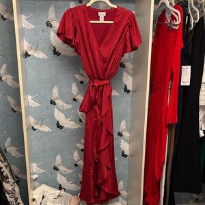 Nicole Miller New York Red Ruffle Satin Midi Dress